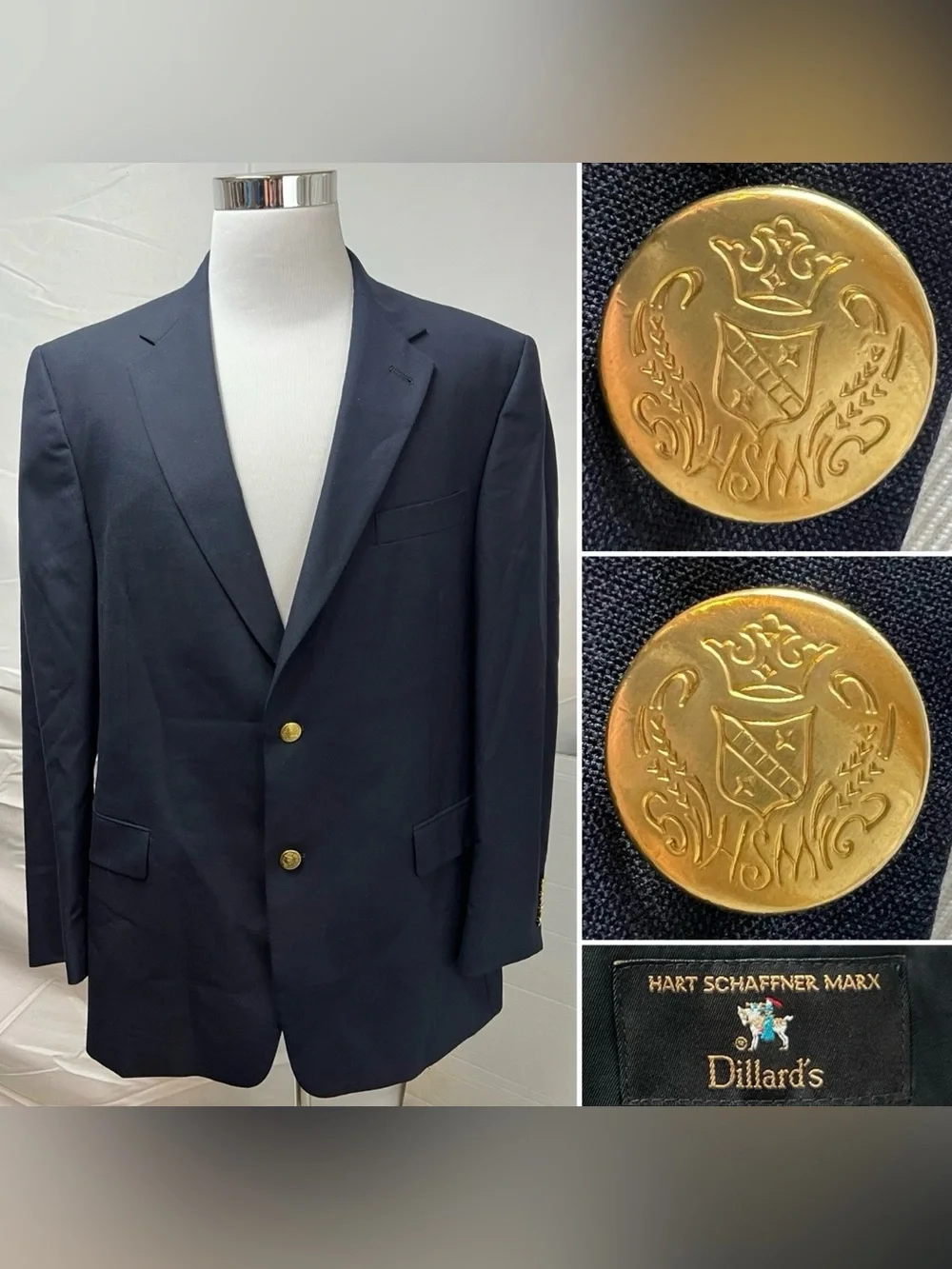 Hart Schaffner Marx Men's 44R Navy Blue Gold Button Blazer Jacket Sport Coat